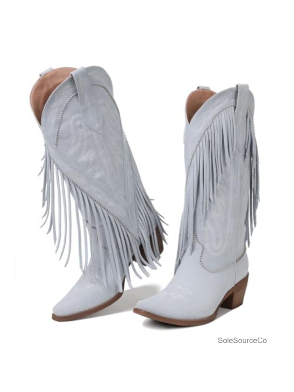 Women's Cowgirl Boots Retro Block Chunky Suede Fringe Pull On Mid-Calf